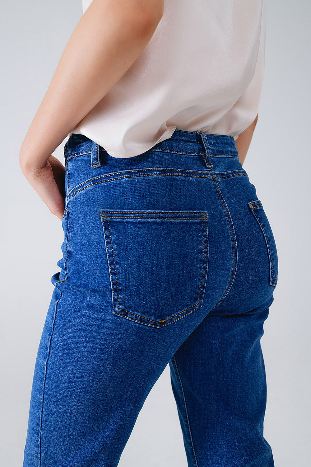 Basic Dark Blue Denim Jeans With Braid Detail At Waist