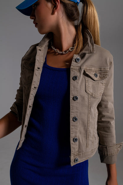 Basic Denim Jacket With Pockets in Beige