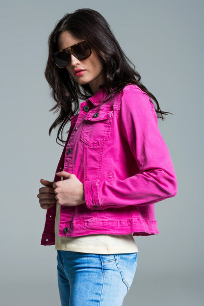 Basic Denim Jacket With Pockets in Pink