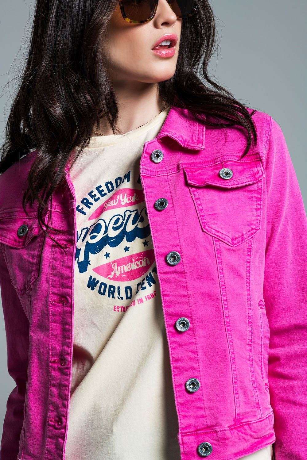 Basic Denim Jacket With Pockets in Pink