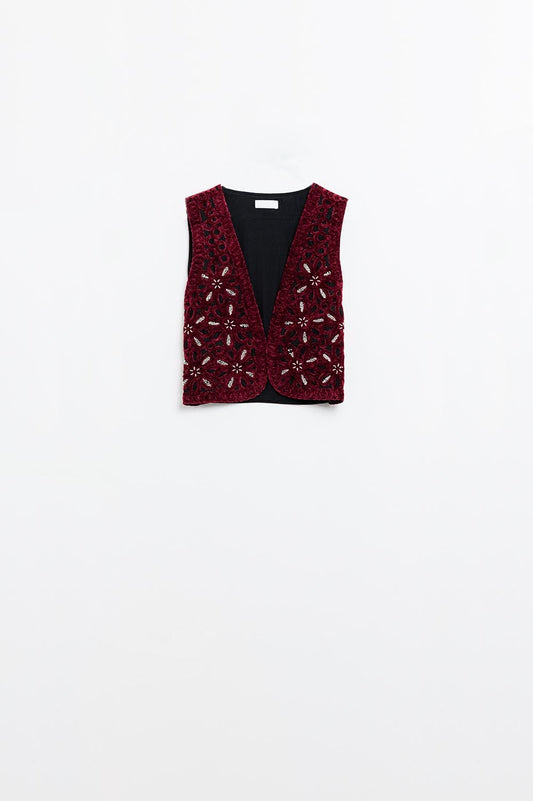 Q2 Beaded Embroidery Velvet Short Vest in burgundy