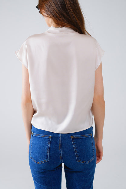 Beige Crossed Silk Top With V-neck and Short Sleeves