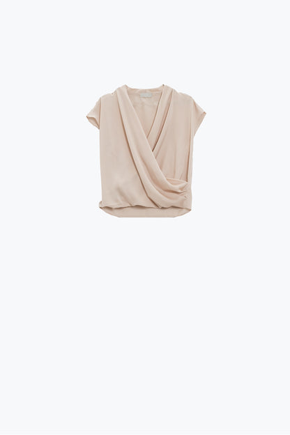 Beige Crossed Silk Top With V-neck and Short Sleeves