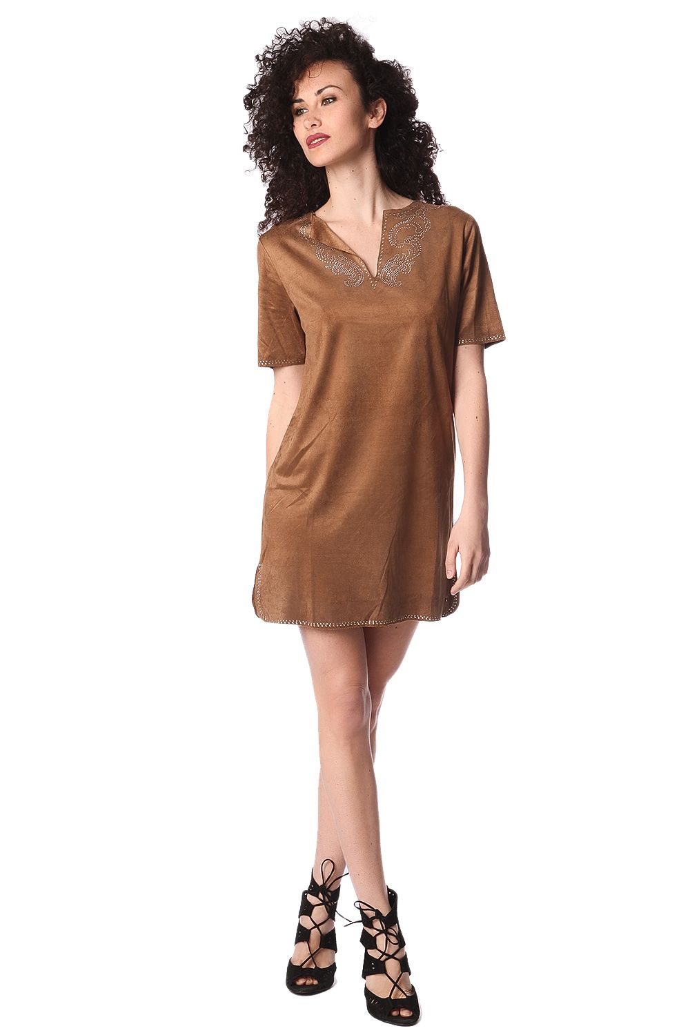 Beige suede 3/4 sleeve dress with embellished detail