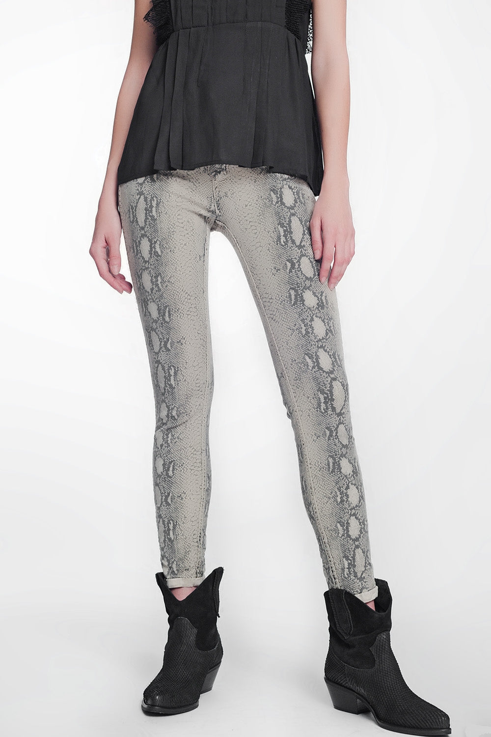 Q2 beige super skinny reversible pants with snake print