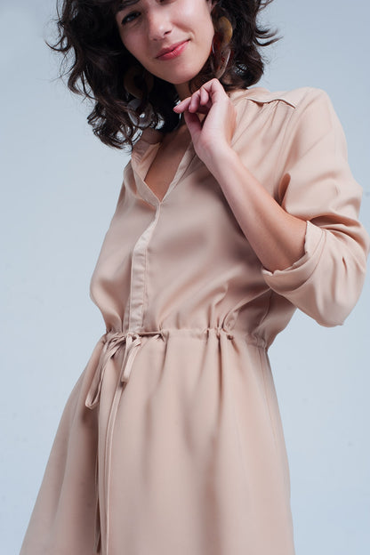 Beige tie waist shirt mini dress