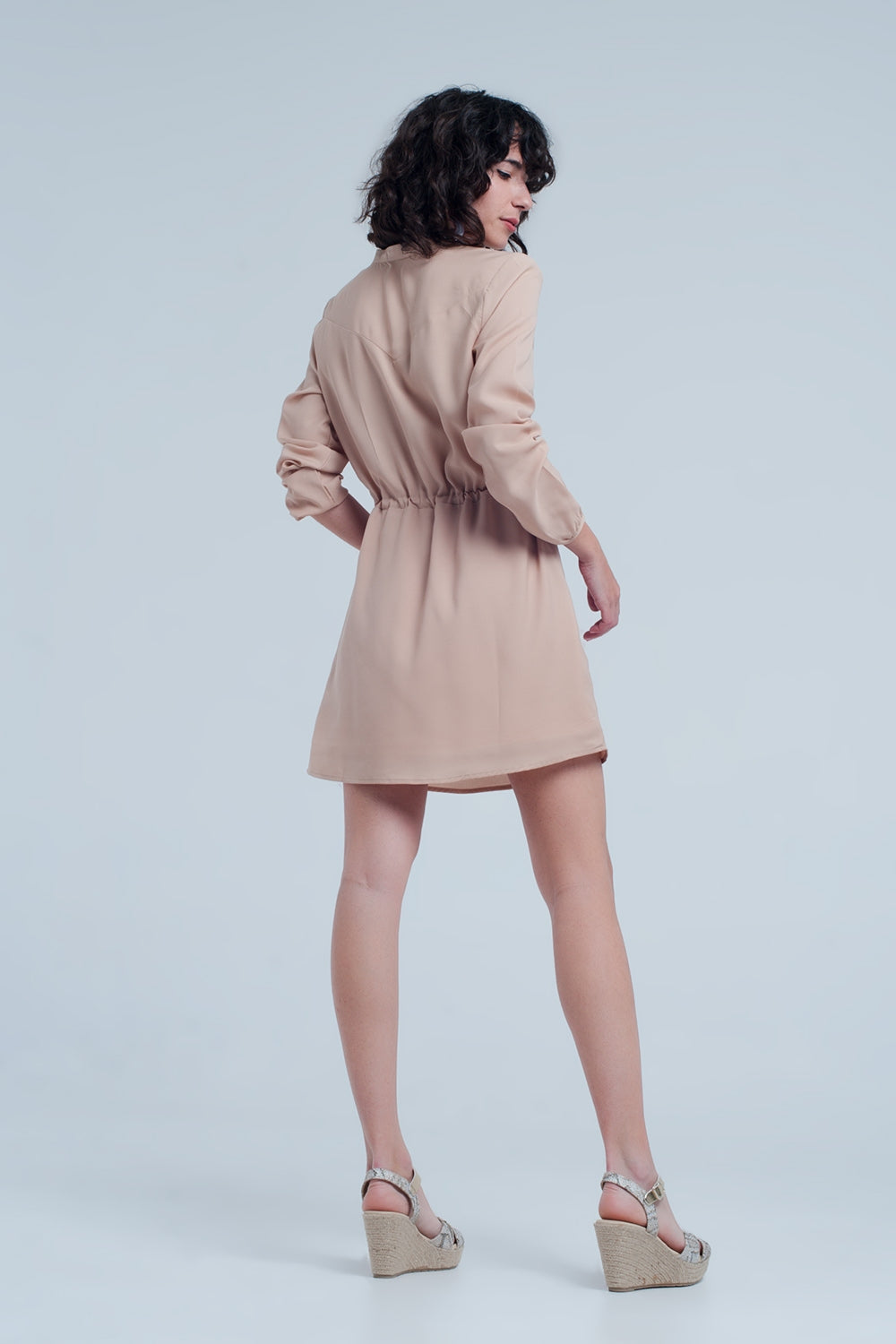 Beige tie waist shirt mini dress