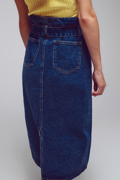 belted buttoned denim maxi skirt