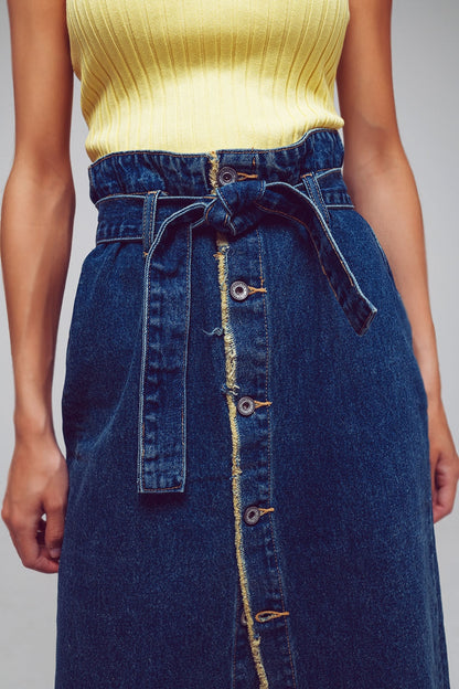 belted buttoned denim maxi skirt