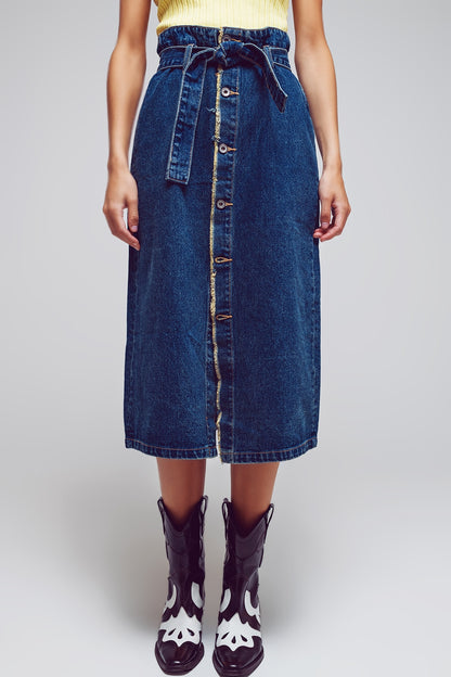 belted buttoned denim maxi skirt