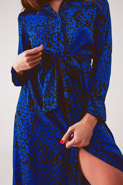 Belted maxi shirt dress in blue animal print