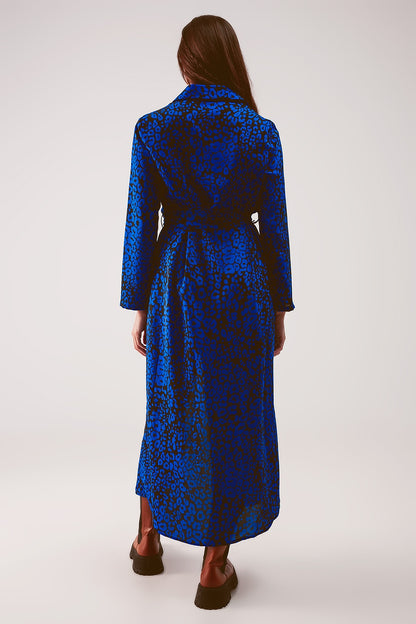 Belted maxi shirt dress in blue animal print