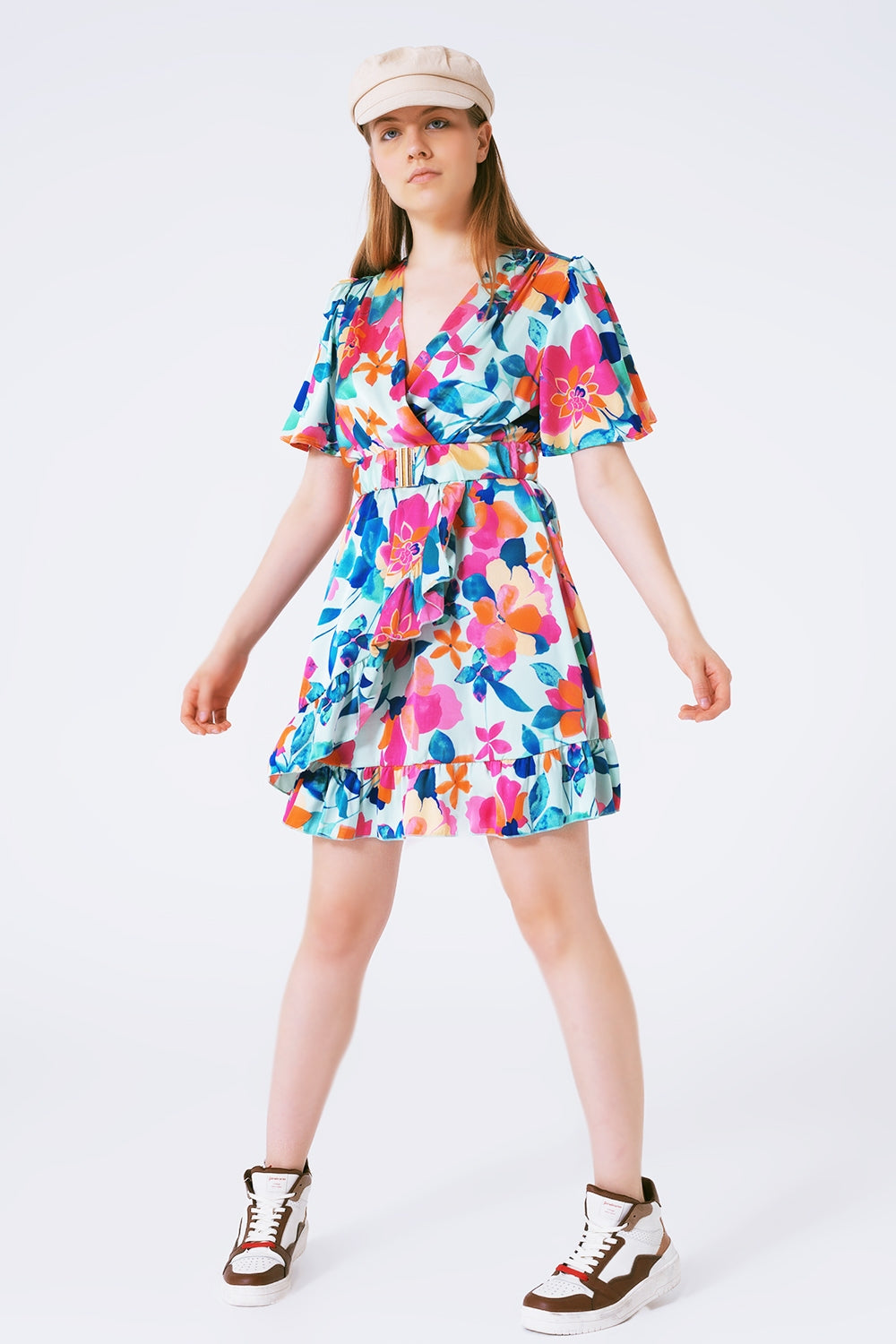 belted soft satin dress with flower print