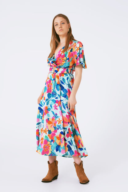 belted soft satin maxi dress with flower print