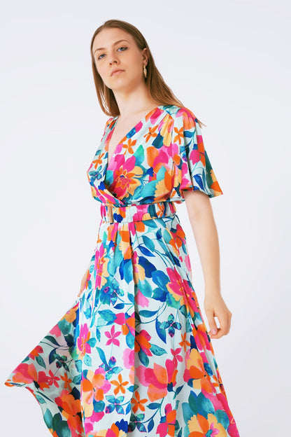 belted soft satin maxi dress with flower print