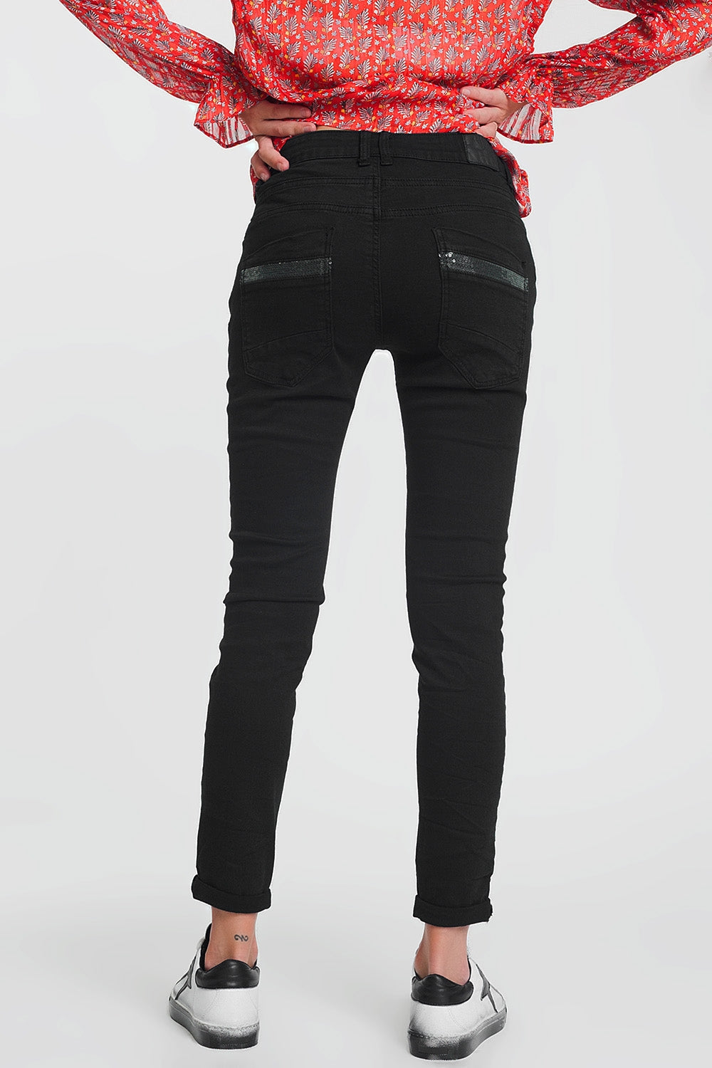 Black boyfriend pants with sequin pocket detail