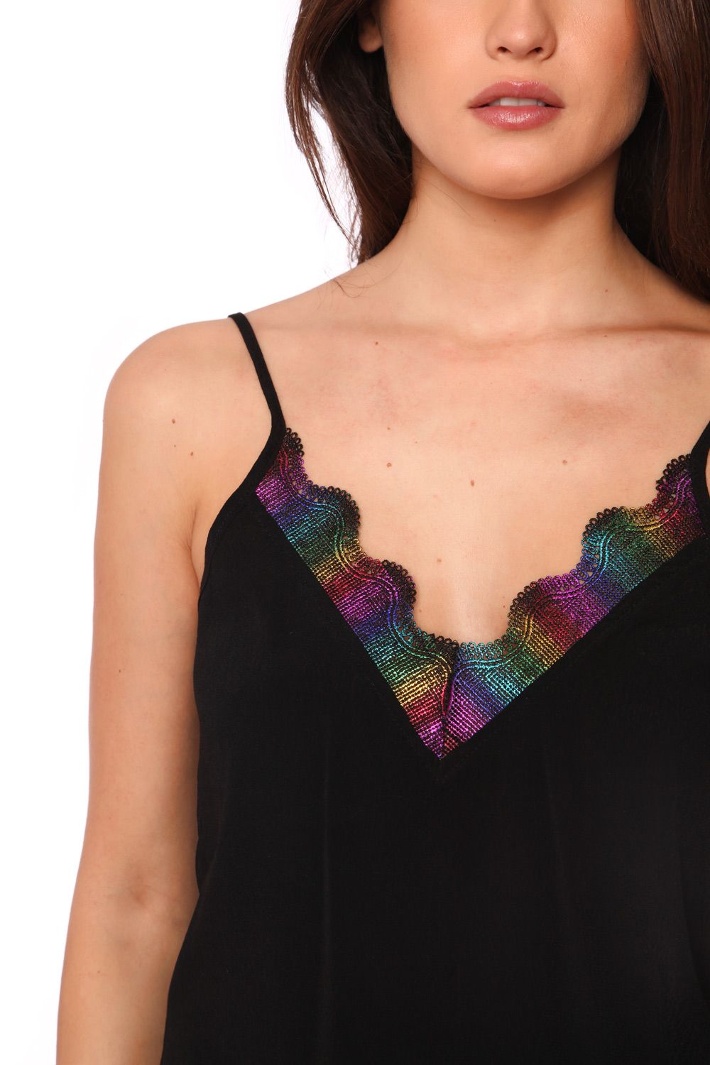 Black cami top with multi color cage detail