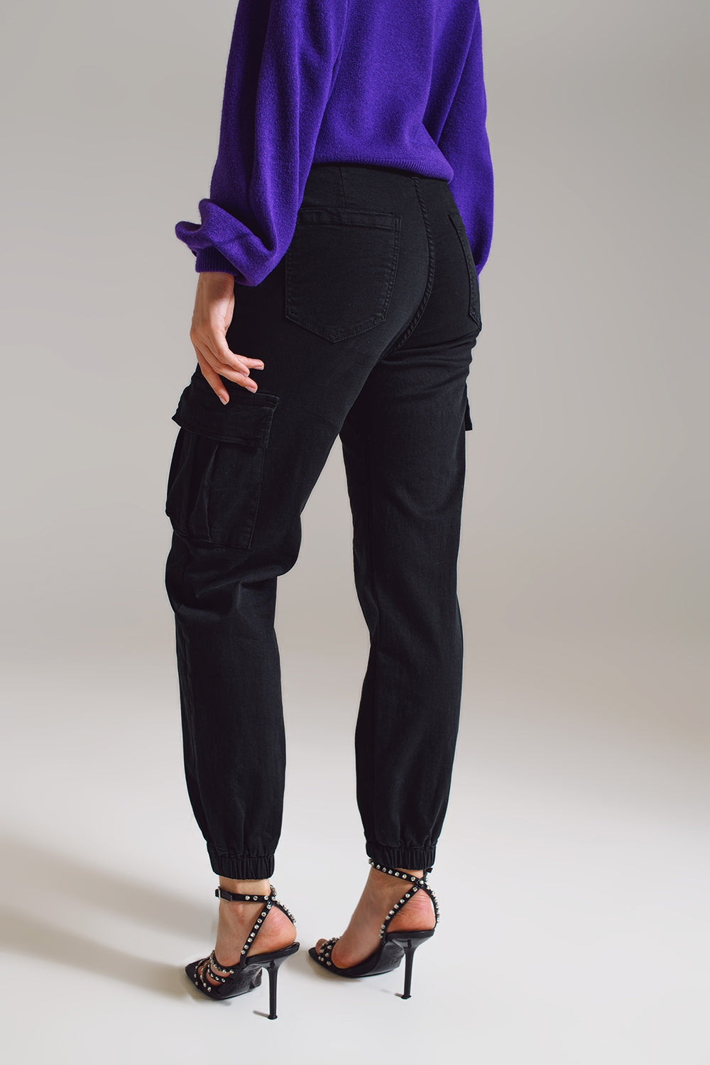 black cargo pants with elasticated waist and hem