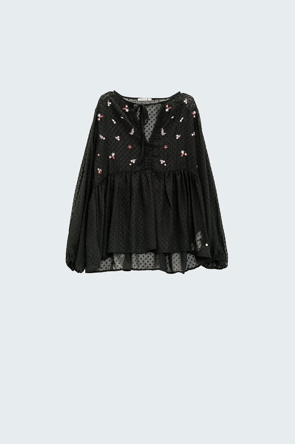 Q2 black chiffon blouse with flower embroidery