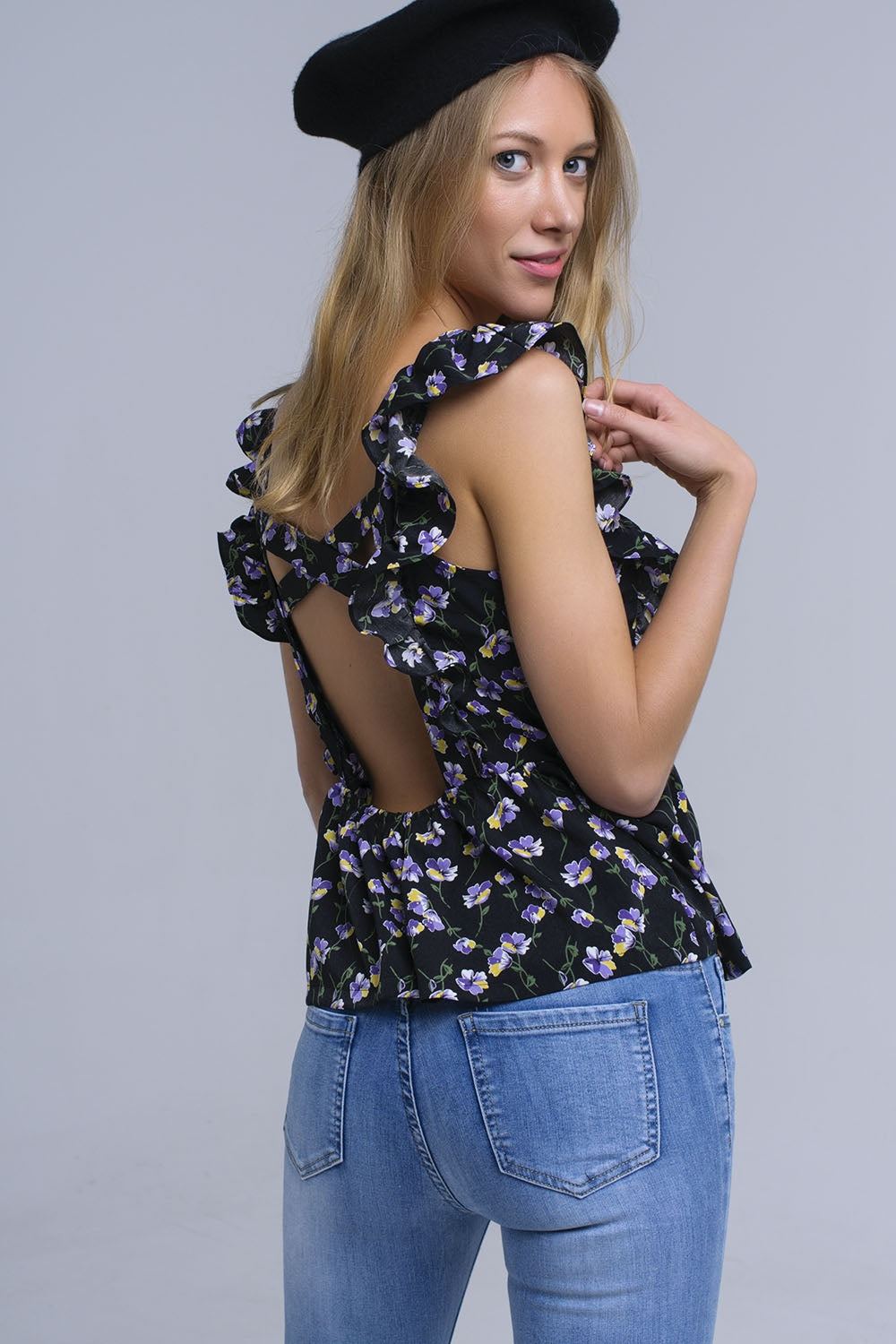 Q2 Black crossed back shirt with ruffles