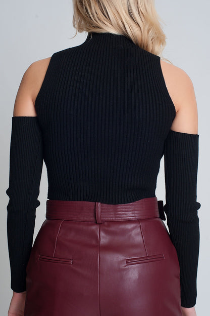 Black cut out rib sweater in fine knit