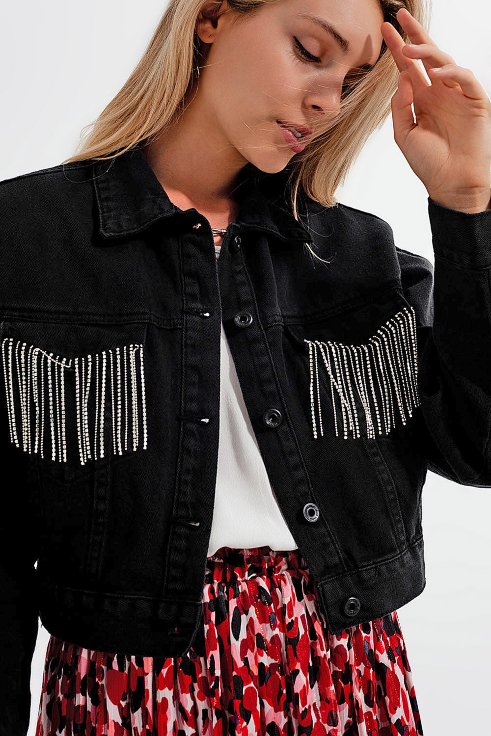 Q2 Black denim jacket with strass fringing