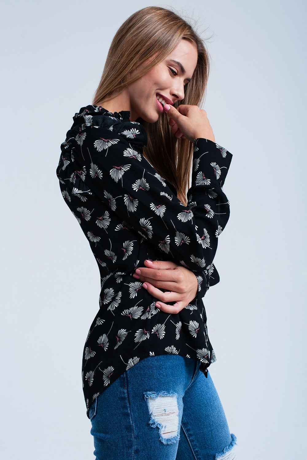 Q2 Black floral printed shirt