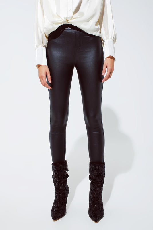 Q2 Black gloss Look Pants with Stretchband