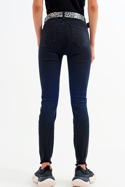 Black jagged hem skinny Stretch Jeans