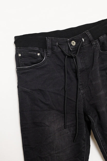 black jeans with elastic waist and cord