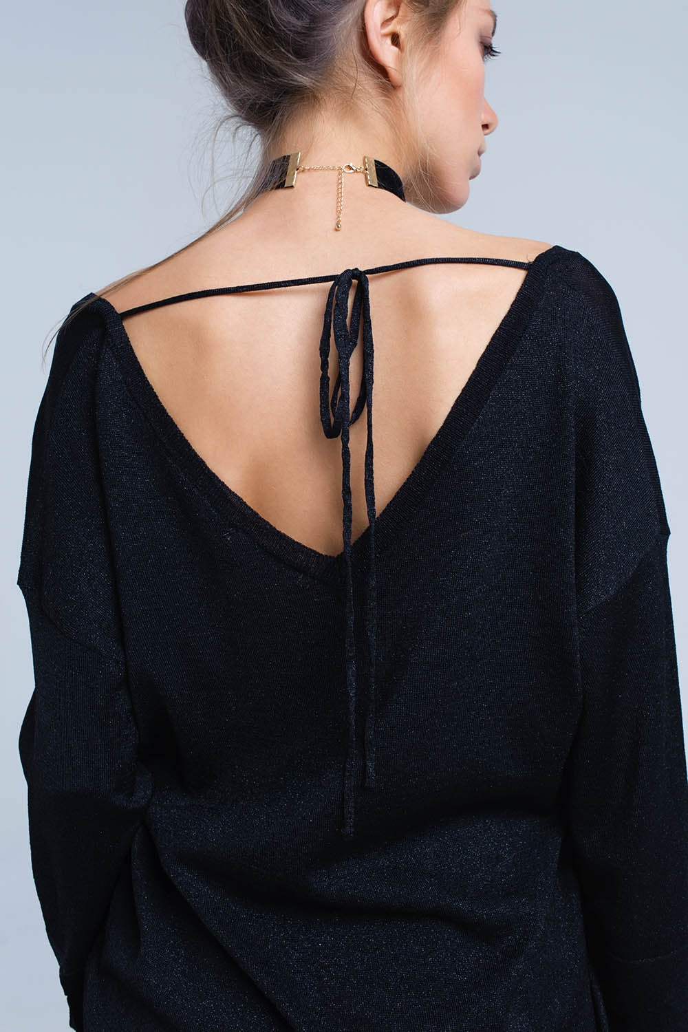 Black knit sweater with gold lurex detail