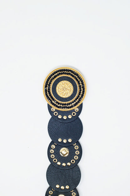 Black leather belt with black rhinestone round buckle and golden details