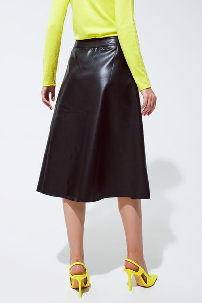 Black Leatherette buttoned Midi skirt