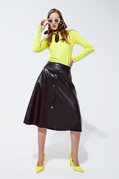 Black Leatherette buttoned Midi skirt