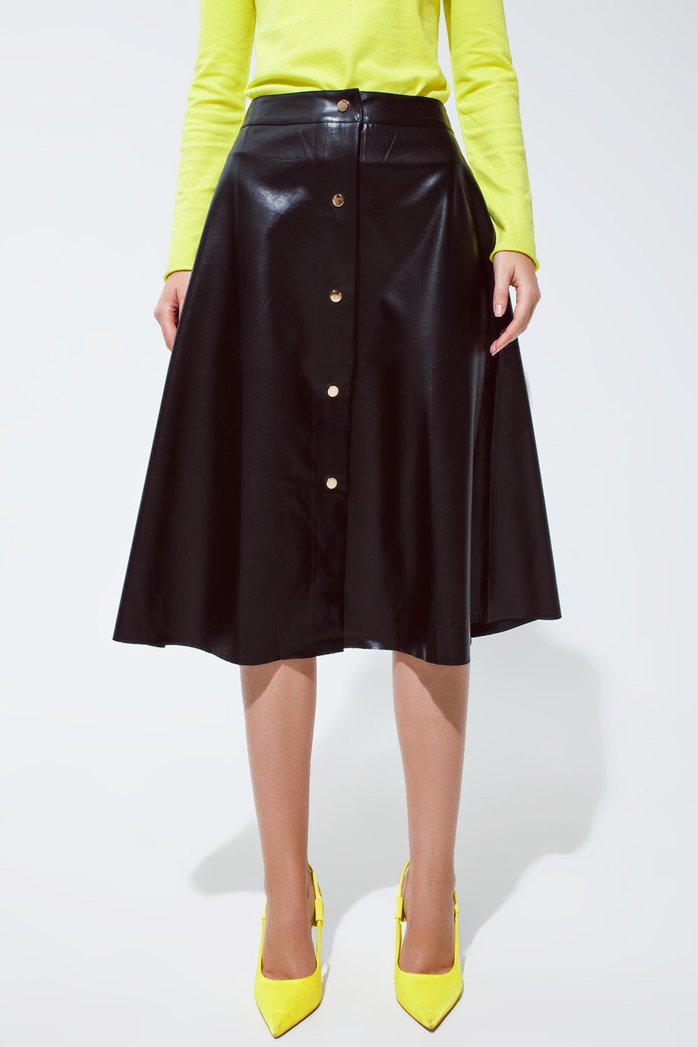 Black Leatherette buttoned Midi skirt