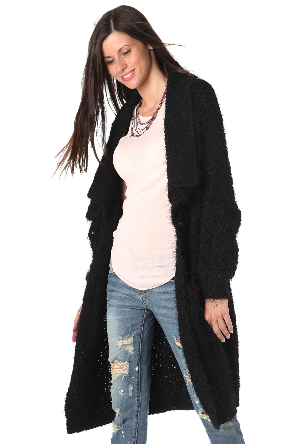 Q2 Black longline oversize cardigan in fluffy yarn