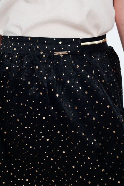 Black mini skirt with pleats in gold polka dot