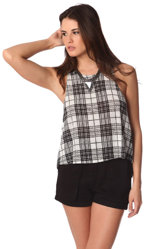 Q2 Black mono check smock top