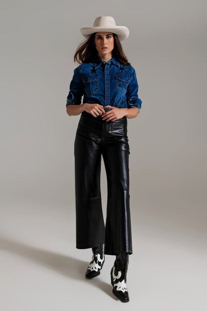 black palazzo-style faux leather pants with pocket detail