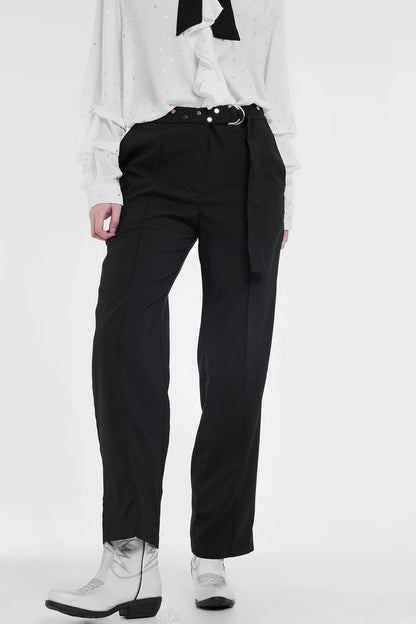 Black pants with wide legs and low hem