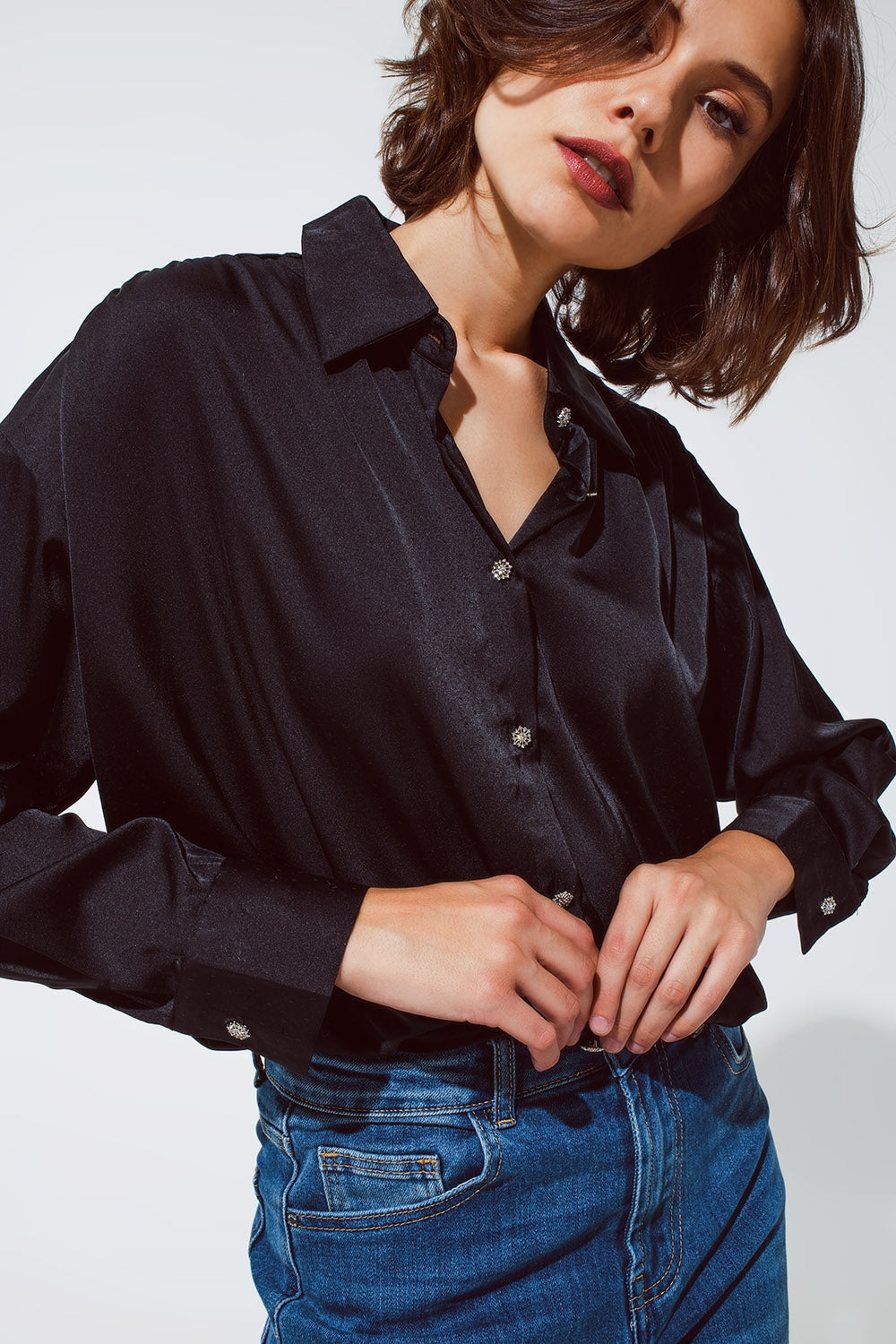 black satin blouse with rhinestone buttons