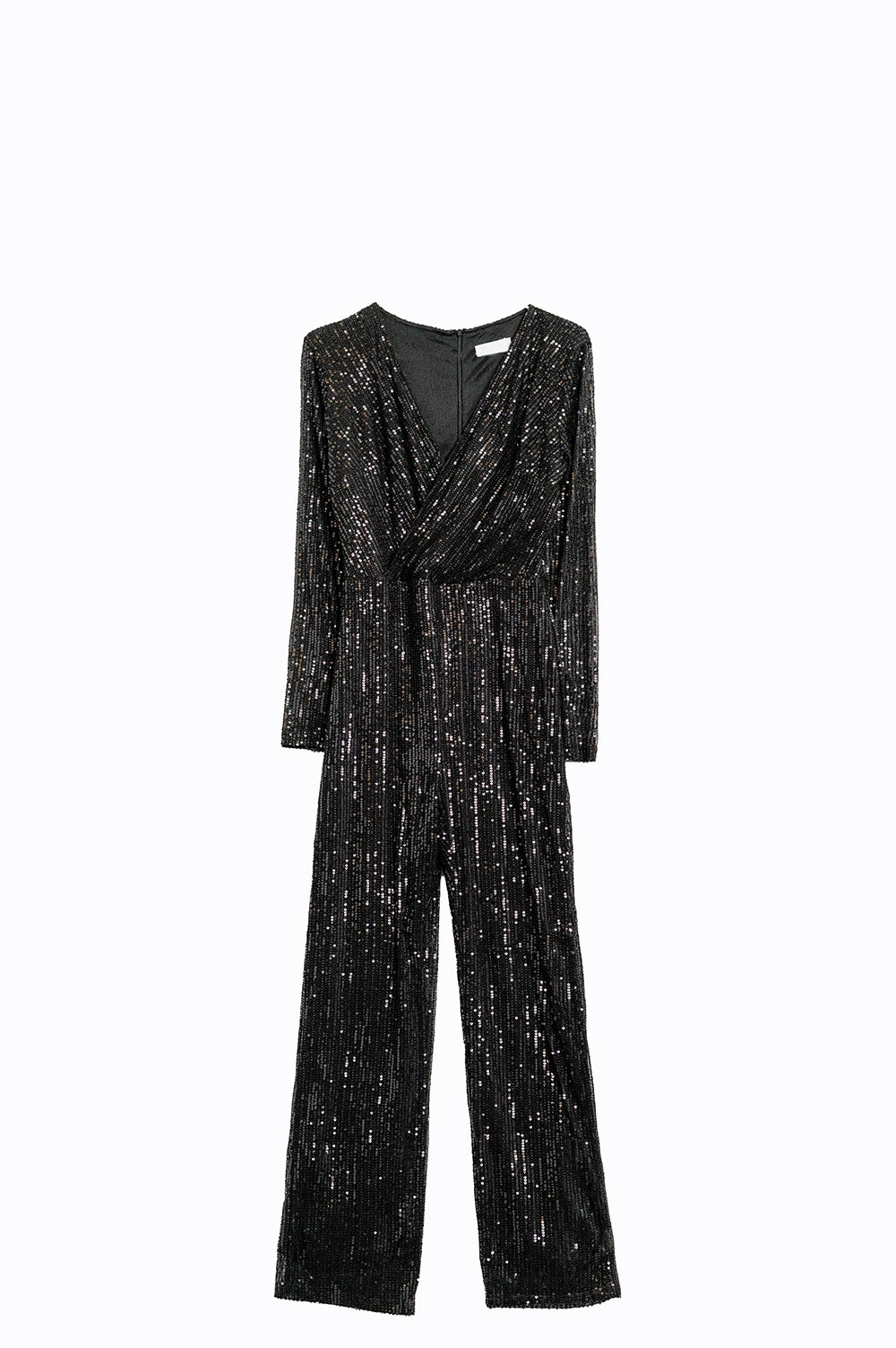 Q2 Black sequin wrap jumpsuit with long sleeves