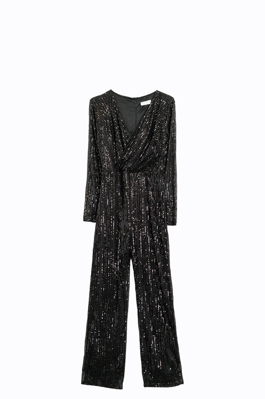 Q2 Black sequin wrap jumpsuit with long sleeves