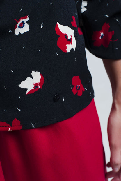 Black shirt with red and white flowers