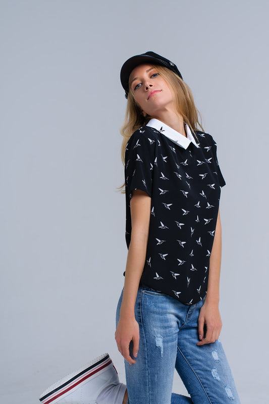 Q2 Black shirt with white printed birds