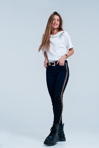 Black skinny jeans leopard side stripe