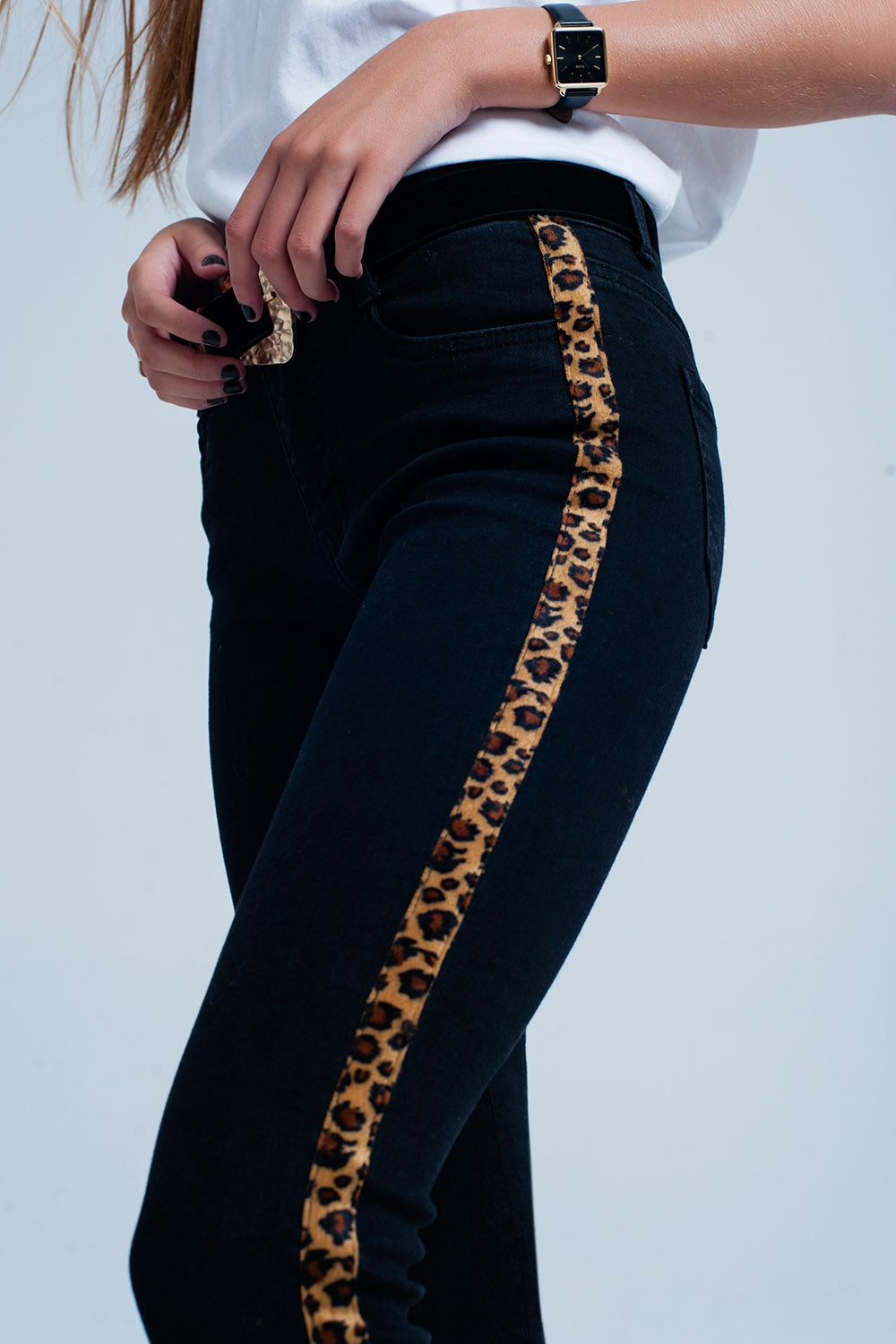 Black skinny jeans leopard side stripe