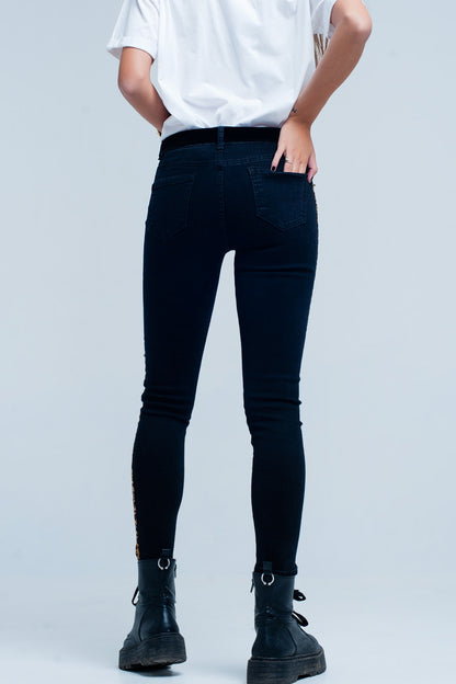 Black skinny jeans leopard side stripe