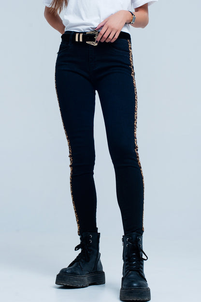 Black skinny jeans leopard side stripe