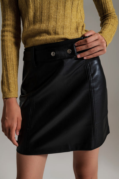 Black Straight faux leather mini skirt with belt